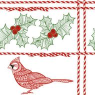 Vector Christmas seamless pattern with holly berry cardinal twisted cord N2