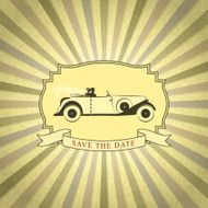 Retro Wedding Invitation with Bride and Groom Driving Vintage Ca