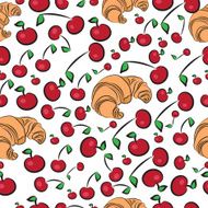seamless pattern of red cherries and croissants