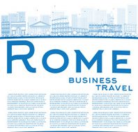 Outline Rome skyline with blue landmarks and copy space