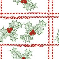 Vector seamless pattern with holly berry Christmas doodle background N2