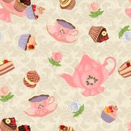 Seamless pattern with teapot cups cakes and roses N2