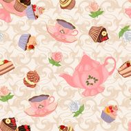 Seamless pattern with teapot cups cakes and roses N3