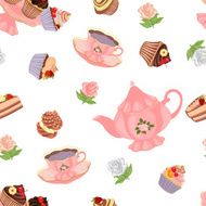 Seamless pattern with teapot cups cakes and roses N4