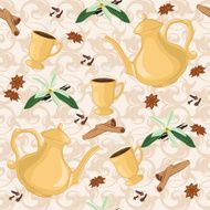 Vector seamless pattern with coffee pot cups and Oriental spices