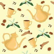 Vector seamless pattern with coffee pot cups and Oriental spices N2