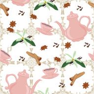 Vector seamless pattern with coffee pot cups and Oriental spices N3