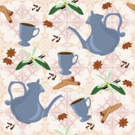 Vector seamless pattern with coffee pot cups and Oriental spices N5