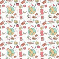 Seamless pattern of travel with plane baggage and camera
