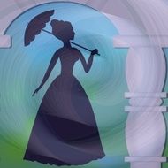 Image with lady silhouette walking umbrella in the arcade