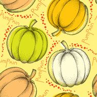 Seamless pattern with dotted pumpkins and red drops