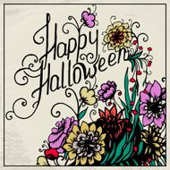 Halloween hand drawn card with skull in flowers