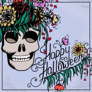 Halloween hand drawn card with skull in flowers N2