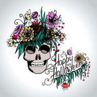 Halloween hand drawn card with skull in flowers N4