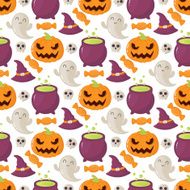 Seamless halloween pattern with skulls pumpkins hats candy an