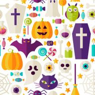 Flat Halloween Party Objects Seamless Pattern over White