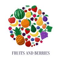 Vector Fruits and Berries Flat Style Icons Set