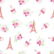 Cute Eiffel towers and keys floral seamless vector pattern