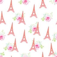 Cute Eiffel towers floral seamless vector pattern