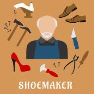 Shoemaker with shoes and tools flat icons N2