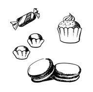 Sketch of cupcake macaron truffles and candy