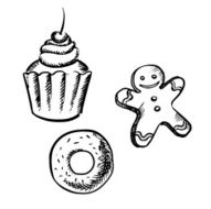 Cupcake gingerbread man and donut sketches