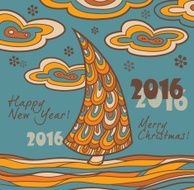 Retro greeting card 2016 with Christmas tree N2