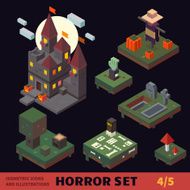 Isometric horror vector flat tiles and objects set