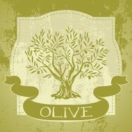 Grunge vintage label with olive tree and ribbon