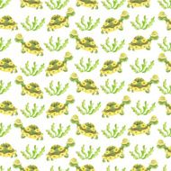 Turtle and plants seamless pattern in watercolor