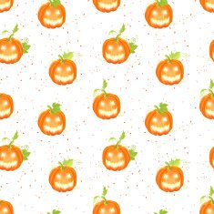 Happy Jack o lanterns on dotted backdrop seamless vector pattern