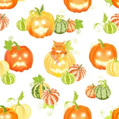 Autumn happy pumpkins and cat seamless vector print
