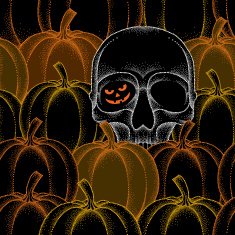 Halloween seamless pattern with dotted pumpkins and skull