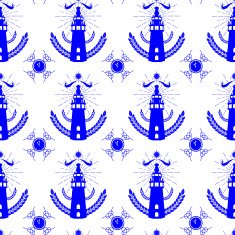 Seamless pattern with Lighthouse in Dutch tile style blue