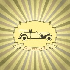 Retro Wedding Invitation with Bride and Groom Driving Vintage Ca