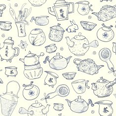Seamless tea background with chinese and japanese teapots cups