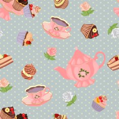 Seamless pattern with teapot cups cakes and roses