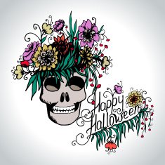 Halloween hand drawn card with skull in flowers N4