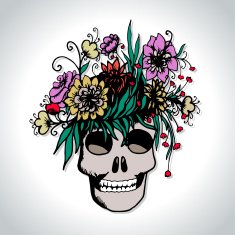 Halloween hand drawn card with skull in flowers N5