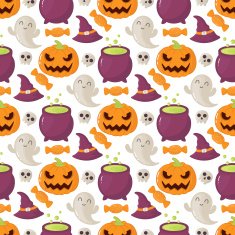Seamless halloween pattern with skulls pumpkins hats candy an