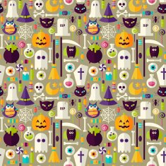 Flat Beige Halloween Trick or Treat Objects Seamless Pattern