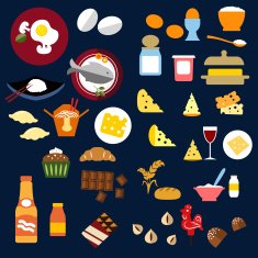Food fish snacks and drinks flat icons