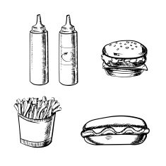 French fries burger hot dog and condiment