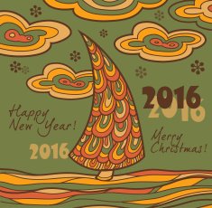 Retro greeting card 2016 with Christmas tree