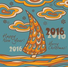 Retro greeting card 2016 with Christmas tree N2