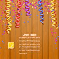 Festive wooden background with streamer and confetti Vector