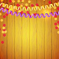 Festive serpentine and confetti on a wooden background Vector