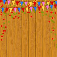 Festive flags and confetti on a wooden background Vector N2