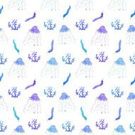 Algae and jellyfishes seamless pattern in watercolor