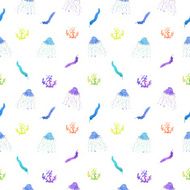 Algae and jellyfishes seamless pattern in watercolor N2